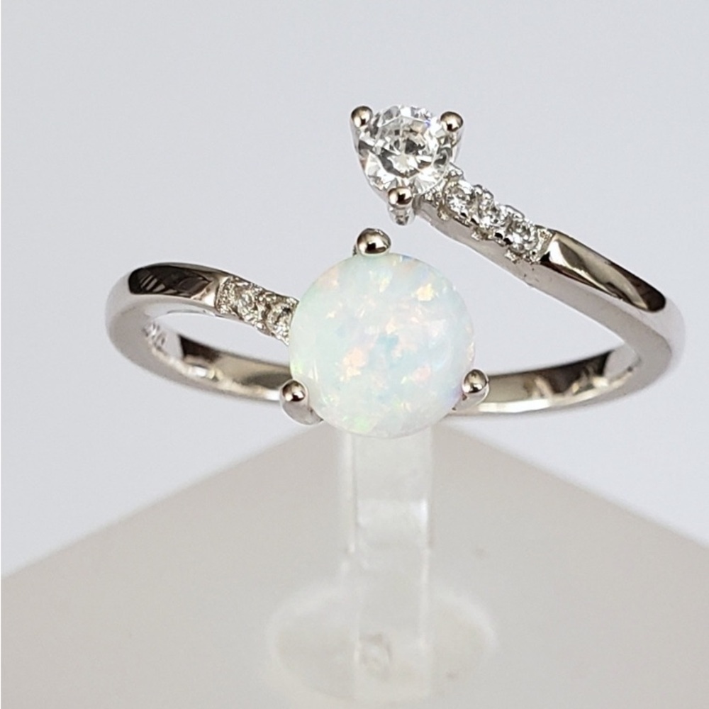 Elegant Silver Opal and Diamond Ring